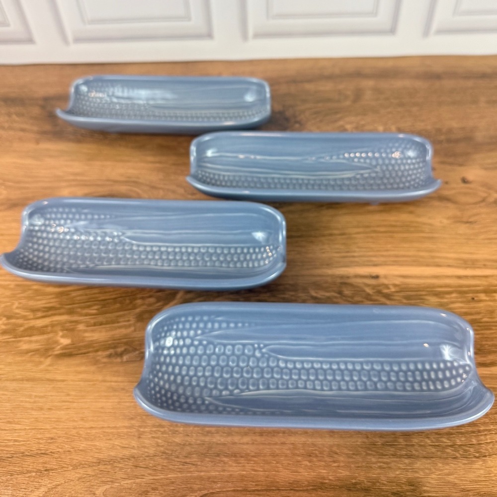 Vintage Set of 4 Pfaltzgraff Ceramic Corn Cob Dish Blue Rio Pedestal‎ Feet EUC